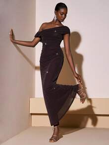 Zivah 2025 Autumn/Winter New Arrival Music Festival, Easter, St. Patrick's Day, Western, Nomadic, Birthday Party, Graduation, College Style, Student, Daily Casual, All-Match Versatile, Leisure, Cruise Travel, Beach, Sunbathing, Viral , Streetwear, Wedding Guest Boho, Commute, Brunch, Airport, Party, Holiday Occasion Elegant Asymmetric Ruched Fitted Dress With Slit, Deep Brown One Shoulder Dress One Sleeve Dress Draped Dress Shimmer Dress Ruched Dress - Chocolate Brown - View 7