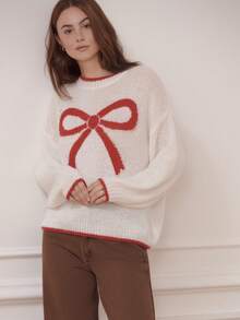 lacRébo Cosy Oversized Jumper With Red Bow Front Detail Cute Spring Summer  New Year White Sweater - Red and White - View 8