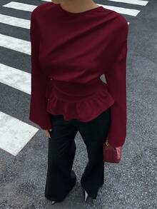 Siren Gaze Ruched Drape Long Sleeve Blouse, Crew Neck Pullover Top, Christmas For Women, Elegant Blouses For Women, New Year Casual Spring Valentine's Day - Burgundy - View 4