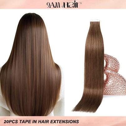 Tape In Hair Extensions 100% Human Hair #4 Medium Brown Straight Style In 14-22 Inch Lengths Extensions Silky Seamless Invisible Top Quality Thick Ends Healthy And Durable Human Hair Extensions 50g/Pack For Thin Hair And Salon Use