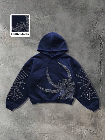 Street Life بلوزة هودي كاجوال للرجال مزينة بألماس وعنكبوت، للخريف/الشتاء