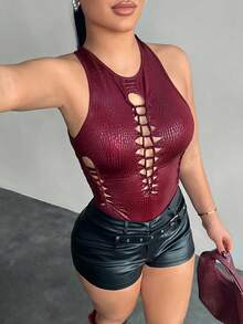 SHEIN SXY Bộ đồ liền thân khoét sâu gợi cảm dành cho nữ, màu đỏ tía, phong cách câu lạc bộ - Màu Đỏ Sâu - Xem 6