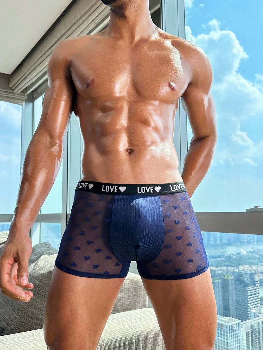 Slips transparents pour hommes avec patchwork en maille et imprimé lettres - Bleu marine - Voir 1
