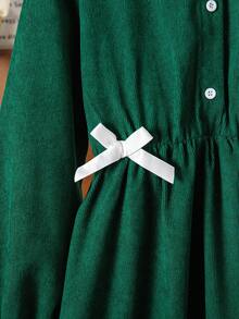 SHEIN Girls' Dark Green Long Dress,Elegant Birthday Party & School Autumn Casual Dress,Embroidered Peter Pan Collar,Waist Bow Accent,Soft & Comfortable - Green - View 5