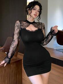 DAZY Robe longue moulante sexy avec design ajouré et manches longues en dentelle contrastée pour femmes - Noir - Voir 4