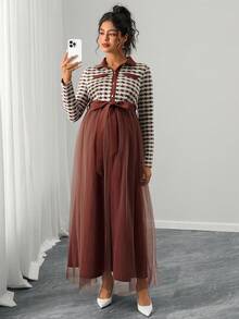 SHEIN Elegant Maternity Commuter Dress With Mesh Patchwork And Houndstooth Pattern