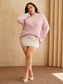 Anewsta Elegante y lujoso suéter de cuello alto de terciopelo con flores y corazones de strass, estilo francés, talla grande, adecuado para otoño, invierno, fiestas y Navidad - Rosa - Ver 7