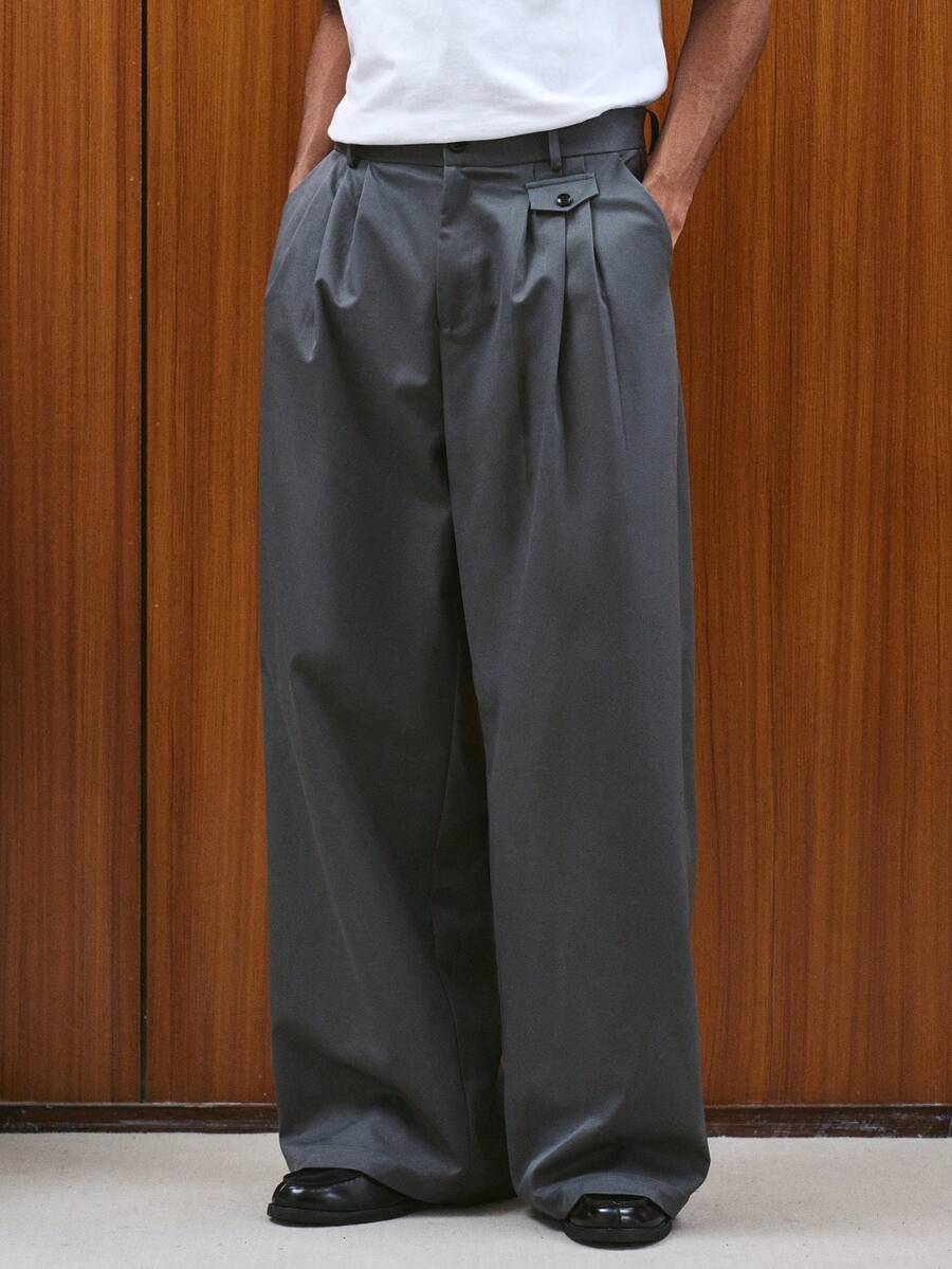 TOKVUE Men's Solid Color Pleated Wide Leg Loose Casual Pants - Dark Grey - View 1