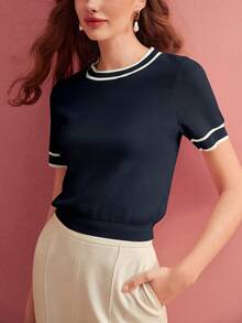 MOTF PREMIUM CONTRAST TRIM SHORT SLEEVE KNIT TOP KNIT PULLOVER FALL WINTER - Blue - View 8