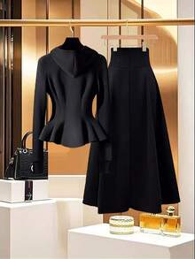 GlowEve Ladies' Knitted, Elegant, Vacation-Style, Commuter Autumn Two Pieces Set - Black - View 2