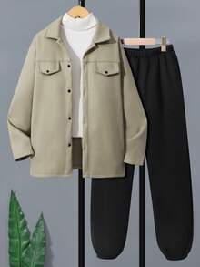 SHEIN Vacaura Tween Boy Casual 2 Pieces Set - Shacket And Pants, Suitable For Spring, Autumn And Winter - Army Green - View 4