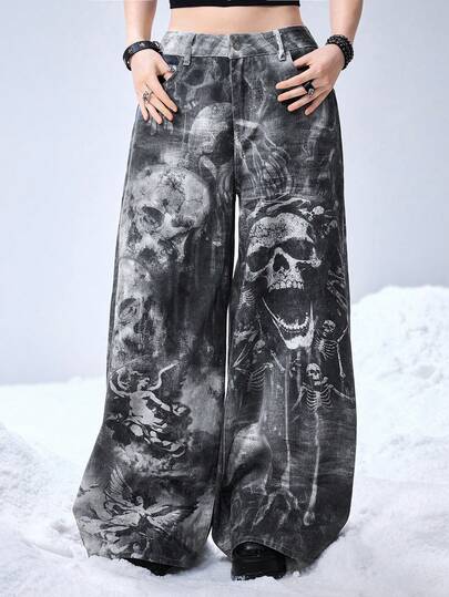 Grunge Punk Jeans droits à imprimé squelette sombre pour femmes
