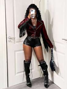 SHEIN BamGlam Zip Up Punk Bead PU Tassel Biker Jacket - Burgundy - View 5