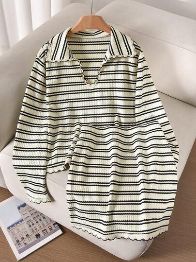 CosyJoli Plus Size Casual Striped Polo Collar Long Sleeve T-Shirt And Skirt Set