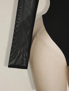 SHEIN ICON Combinaison grande taille en maille noire unie à manches longues, Top transparent avec col montant et manches classiques, combinaison femme style Y2K - Noir - Voir 6