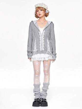Y2K Style Ballet Girl Casual Contrast Lace Open Front Hoodie