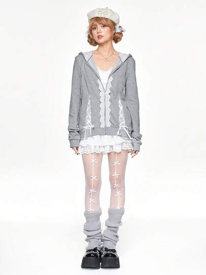 هوديجاكيت بفتحة أمامية مفتوحة ذات دانتيل ملائم لطراز حقبة الألفية الجديدة ،كاجوال للفتاة الراقصة