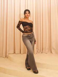 Rayane Ketlyn Women's Thick Denim Wide Leg Pants With Slanted Front Pocket, Blue - Grey - View 1