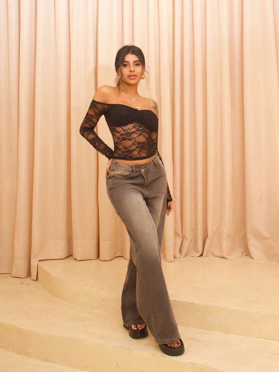 Rayane Ketlyn Women's Thick Denim Wide Leg Pants With Slanted Front Pocket, Blue - Grey - View 1