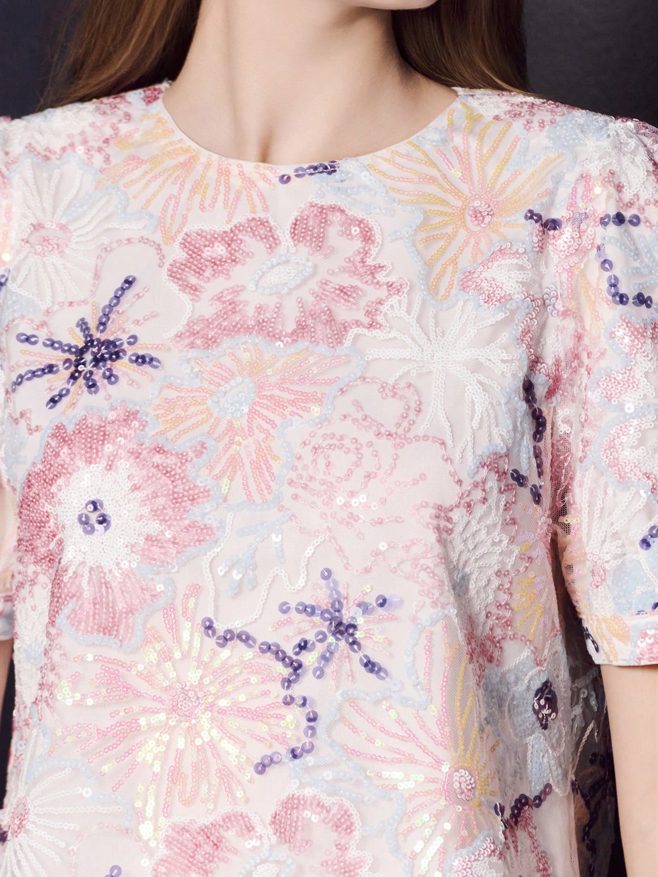 Top com Manga Bufante Floral Rosa e Branca com Bordado de Lantejoulas Vintage Fofa para Festa de Natal