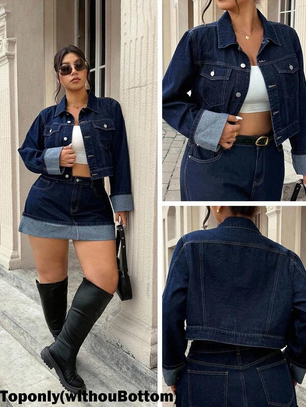 Jeanoix Plus Size Vintage Roll-Up Sleeve Dark Blue Denim Jacket