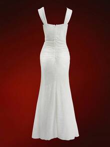 Glisette Women's White Lace Elegant Fitted Mermaid Dress With Wide Straps, Suitable For Vacation, Party, Wedding - Beige - View 2