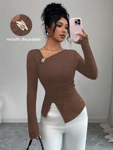 Elenzga Áo thun nữ trơn màu thanh lịch, không đối xứng, mùa thu - Cà phê nâu - Xem 5