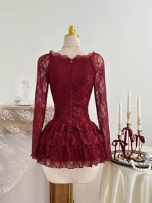 Elamini Váy ngắn lãng mạn họa tiết ren hoa - Màu Đỏ Sâu - Xem 2