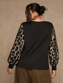 SHEIN VCAY Plus Size Women Leopard Print Patchwork Long Sleeve Casual Blouse Cheetah Top Puffy Sleeve Top Western - Black - View 4