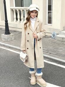 SHEIN Serisse Kids 青少年女孩编织休闲通勤外套双排扣翻领宽松保暖内衬厚长款风衣，休闲军事风格，女孩长款夹克 - 卡其色 - 查看 14