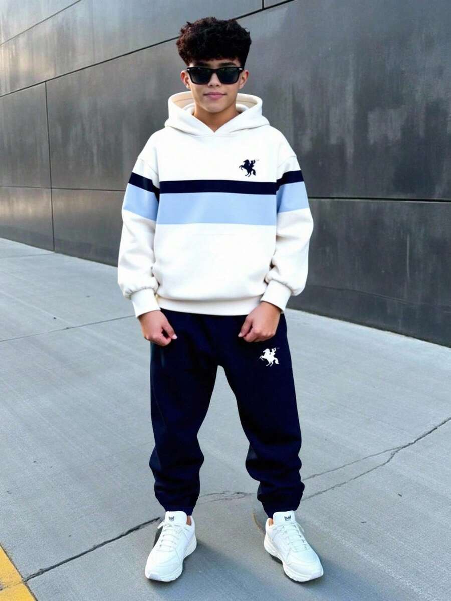 SHEIN 2 件套青少年男孩休闲舒适家居服套装,采用拼色、运动、学院风长袖连帽运动衫,适合秋冬季 - 彩色 - 查看 1