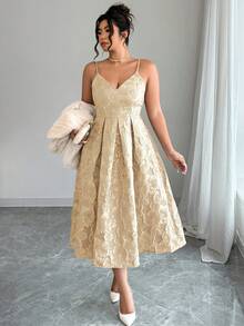 Elenzga 大码女士提花优雅吊带婚礼宾客连衣裙，秋冬款 - 杏色 - 查看 5