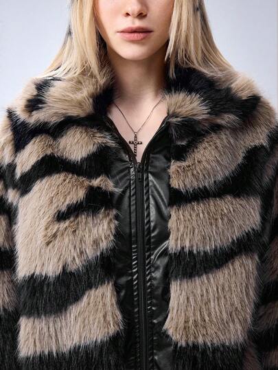 Grunge Punk Y2K Retro Sexy Zebra Faux Fur Coat, Women Furry Jacket