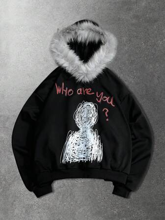 Street Life Men's Casual Slogan Fluffy Collar Print Fleece Hoodie, Autumn