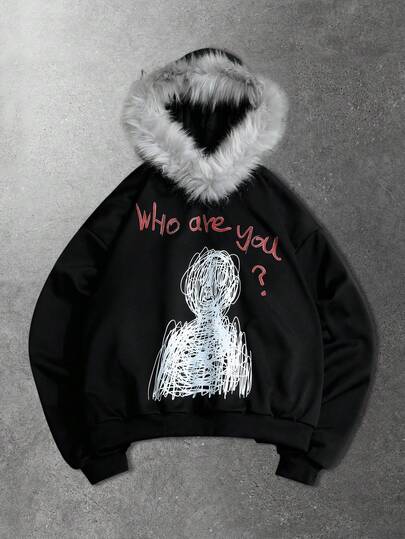 Street Life Men's Casual Slogan Fluffy Collar Print Fleece Hoodie, Autumn