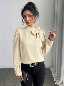 Rafferiza Damen Einfarbige elegante vielseitige Bluse mit Krawattenkragen und Puffärmeln