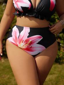 Swim Vcay Plus Size Floral Print Black Bikini Bottom - Multicolor - View 3
