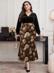 Modelyn Robe ajustée élégante en velours patchwork gaufré grande taille pour femmes - Marron - Voir 5