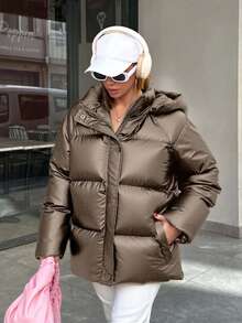 EURMUSE Woman Solid Color Woven Padded Insulated Winter Coat Jacket Zip Up Snap Button Front Hoody Neck Short Regular Length Winter Clothing Casual - Mocha Brown - View 3