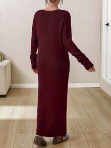 EURMUSE Boat Neck Ribbed Knit Midi Dress – Earthy Brown | Oversized Fit With Textured Stitch - Burgundy - View 2