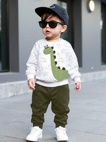 SHEIN Playful Pals 2pcs/Set Baby Boy Casual Fashionable Dinosaur All-Over Print Sweatshirt And Sweatpants Set, Comfortable Round Neck Long Sleeve, Suitable For Autumn/Winter/Spring - Multicolor - View 1