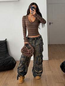 Coolane Women's Winter Minimalist Basic Daily Wear Essentials Festival Going Out Y2K Rib Knit Brown Bustier Tees Brown Long Sleeve Top