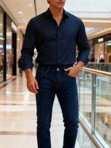 Nuevo 2025, ropa masculina de alta calidad, proceso de corte con cuchillo de lavado de agua, azul medio, azul claro, azul oscuro, jeans casuales de cintura media y recta, viajes de negocios casuales diarios, primavera, otoño e invierno, conferencias de negocios, esenciales - Azul oscuro lavado - Ver 2