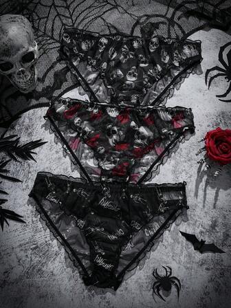 AltCore Paquete de 3 bragas cómodas con estampado de calavera y volantes para mujer de talla grande