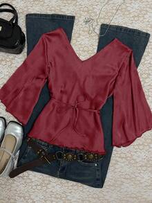 INAWLY Áo cánh tay loe buộc nơ màu trơn thanh lịch dành cho nữ khi đi làm - Màu Đỏ Sâu - Xem 2