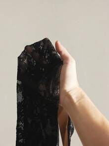 SHEIN ICON 大码女式蕾丝拼接喇叭袖衬衫 - 黑色 - 查看 9
