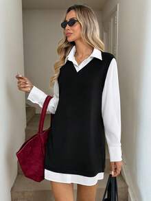 Easowa Women's Contrast Color Casual Pullover Long Sleeve Short Dress  Business Casual For Women Elegant Dress For Women Long Sleeves Polo Collar Color Block Pleated A-Line Long Sleeve Casual Loose Elegant Commuter Vintage Mini Dress For Women Winter Dresses For Women Christmas Women's Clothing Elegant Party Dresses T Formal Women's Clothes Jumper Dress Vest Dress Preppy Dress French Style Dress Black And White Dress Women