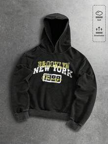 ROMWE MEN Men's Casual Letter Print Hoodie Sweatshirt, Autumn - Black - View 1