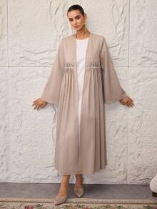 Al Najma Women's Elegant Pearl Pleated Open Front Abaya - Khaki - View 7