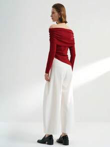INAWLY Women's Solid Color Minimalist Off-Shoulder Top, Everyday Wear - Red - View 2
